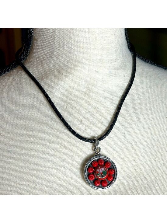 Brighton Jewelry - Brighton Pagoda Necklace Leather Cord Chain Silver Plated Red Green Medallion